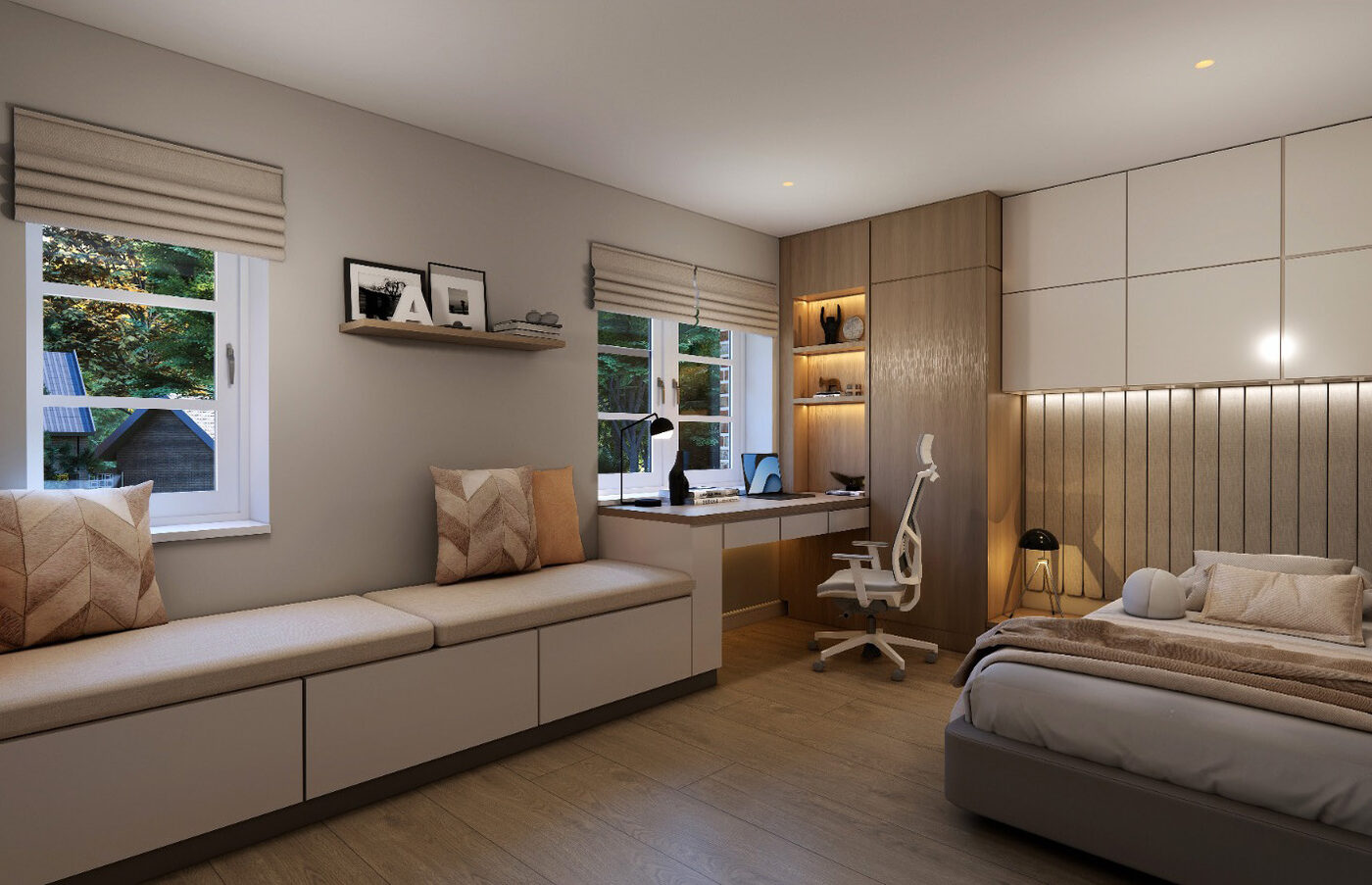 Kinderzimmer mit Fensterbank-Sitzbank, Schreibtisch und Bett