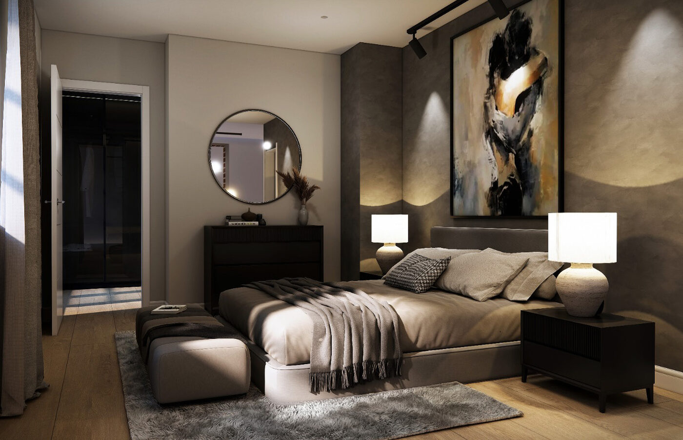 Elternschlafzimmer mit stimmungsvoller Beleuchtung und Kunst über dem Bett